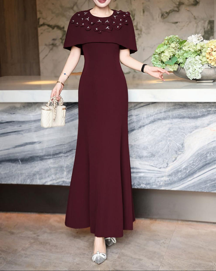 فستان حورية البحر بكتف مكشوف مع رقبة مزينة – فوشيا