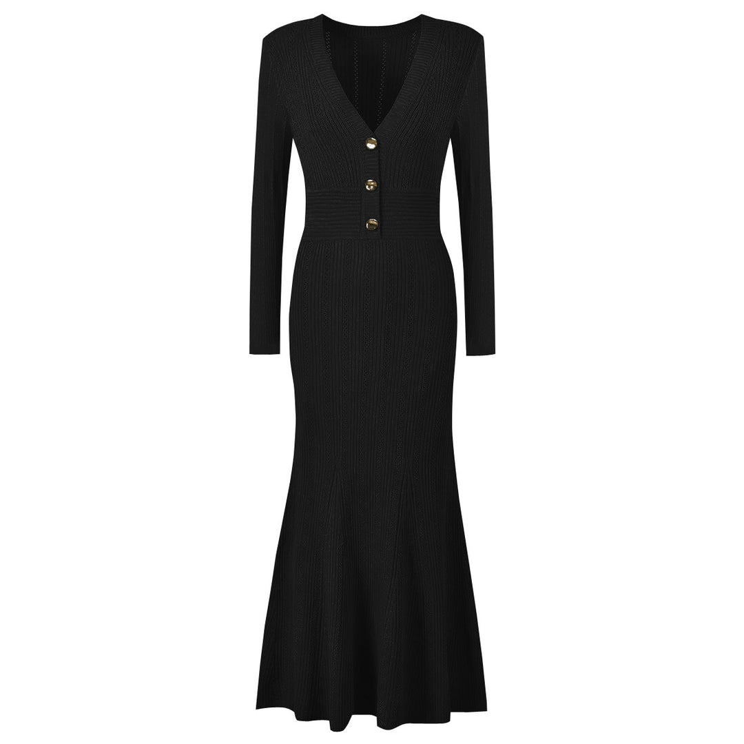 فستان حورية البحر محبوك بأكمام طويلة ورقبة على شكل حرف V بأزرار – إلاراني