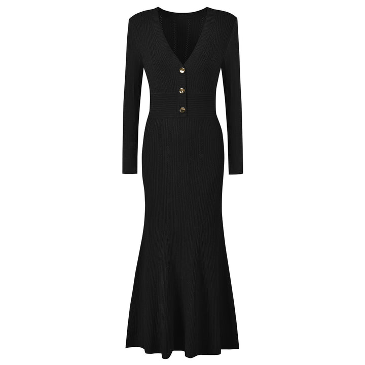 فستان حورية البحر محبوك بأكمام طويلة ورقبة على شكل حرف V بأزرار – إلاراني