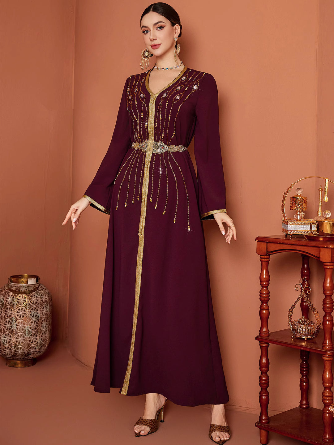 long sleeve kaftan dress with gold embroidered belt - AMAROKA