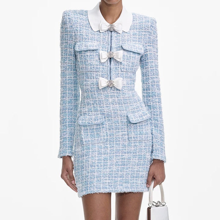 long-sleeve tweed mini dress with bow detailing – COLETTEXU