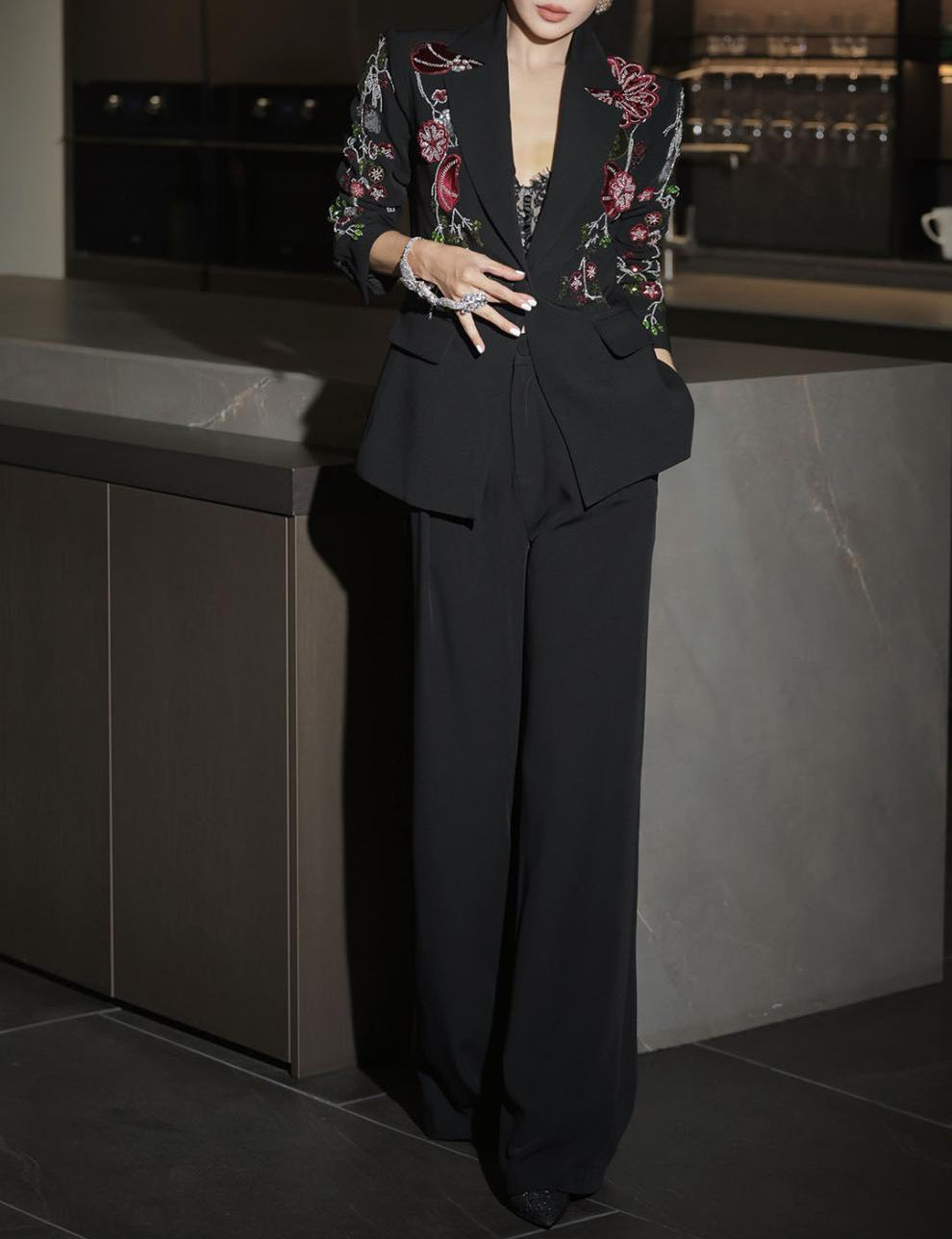 embroidered tailored blazer set with wide-leg pants – BLUSH ROSE