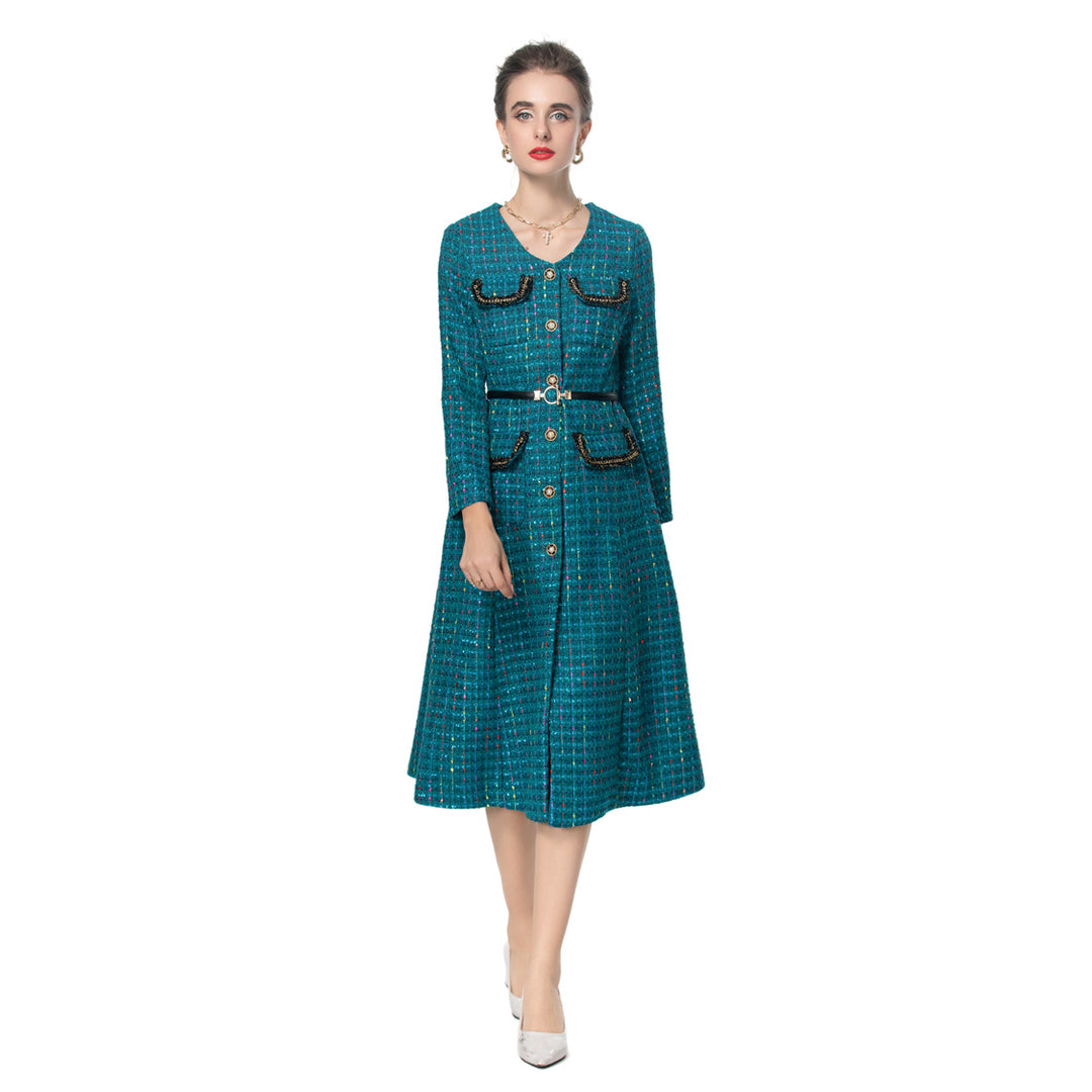 فستان تويد متوسط ​​الطول بأكمام طويلة وحواف متباينة – ماريسيل