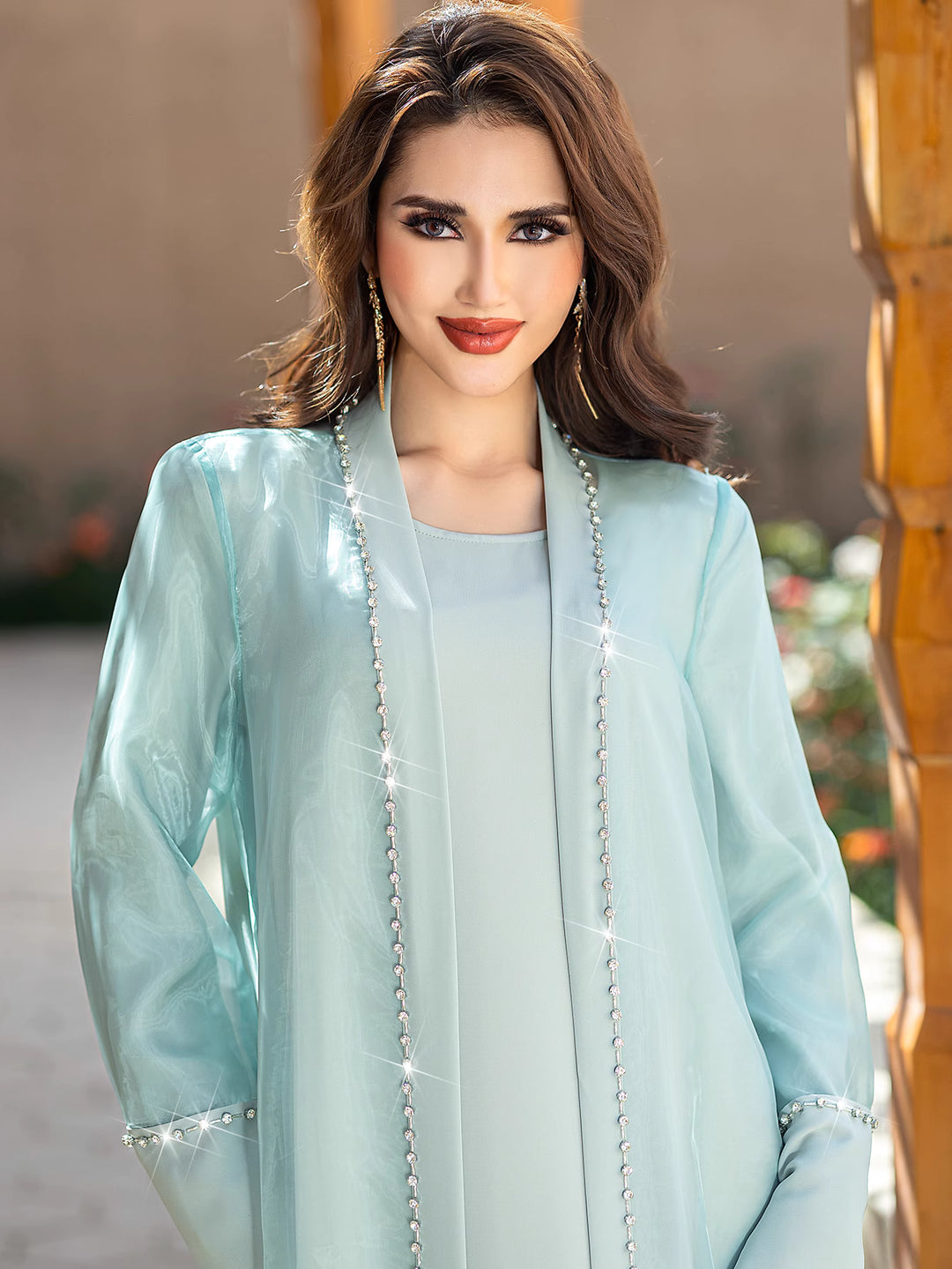 sheer embellished open-front cardigan with maxi dress - AURART