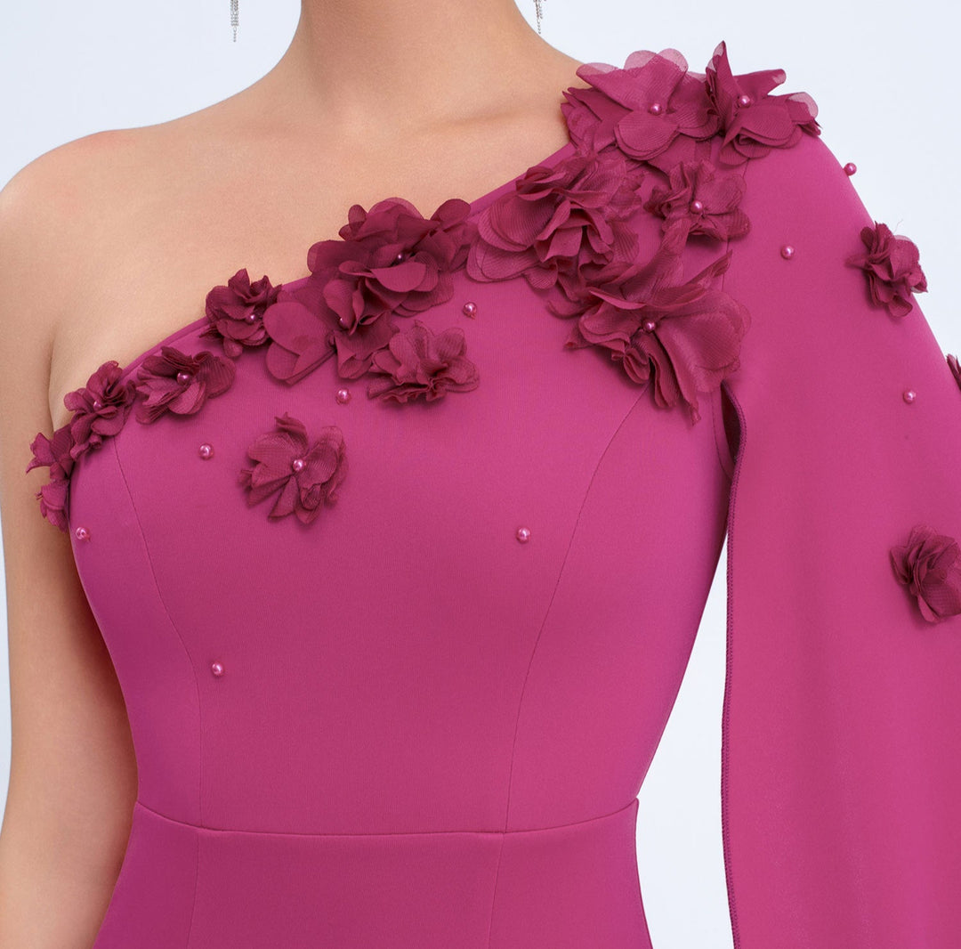 one-shoulder column dress with floral appliqué cape – AURELIATU