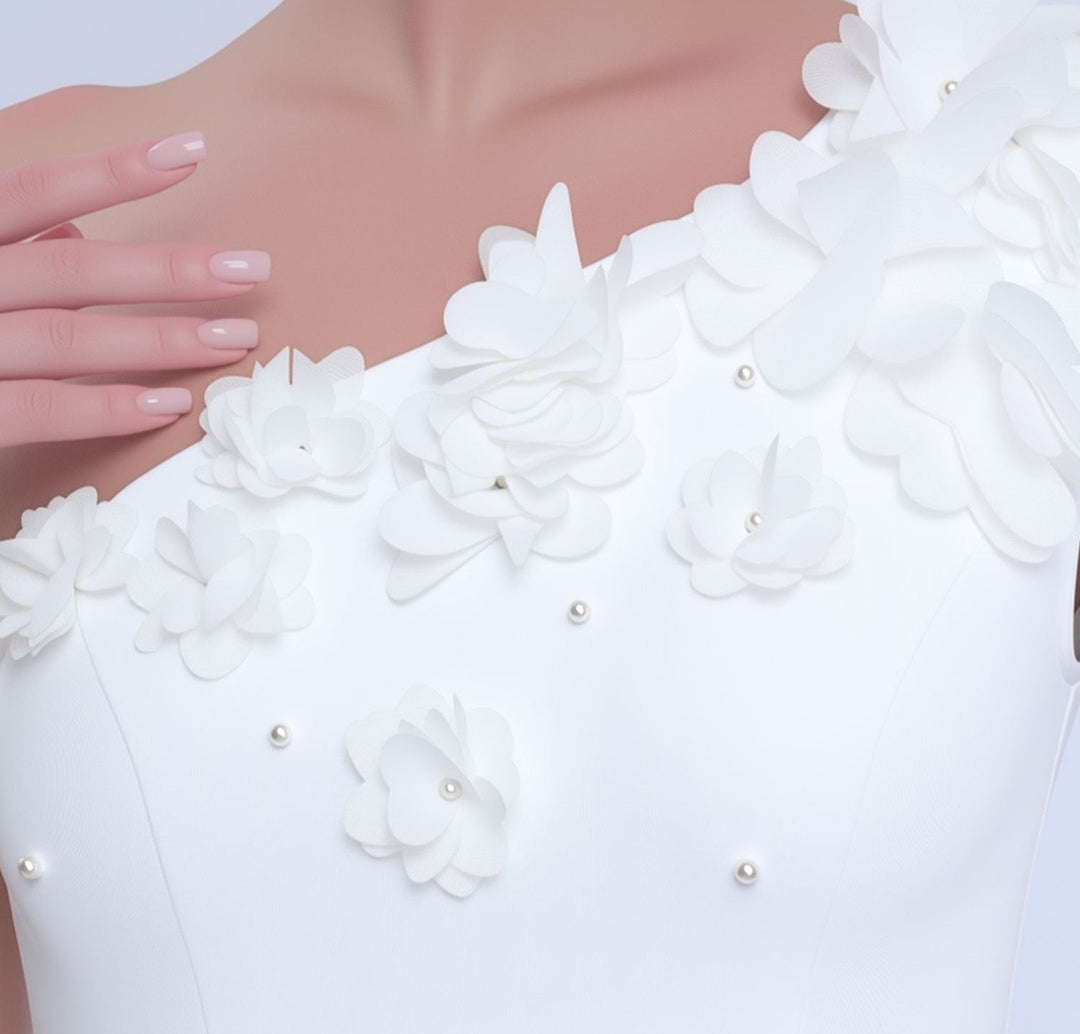 one-shoulder column dress with floral appliqué cape – AURELIATU