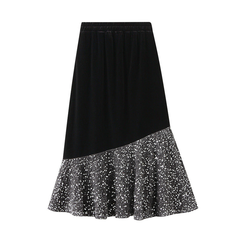 velvet midi skirt with asymmetric sequin ruffle – STELLAR