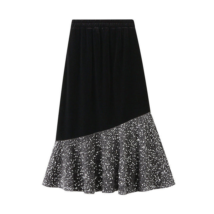 velvet midi skirt with asymmetric sequin ruffle – STELLAR