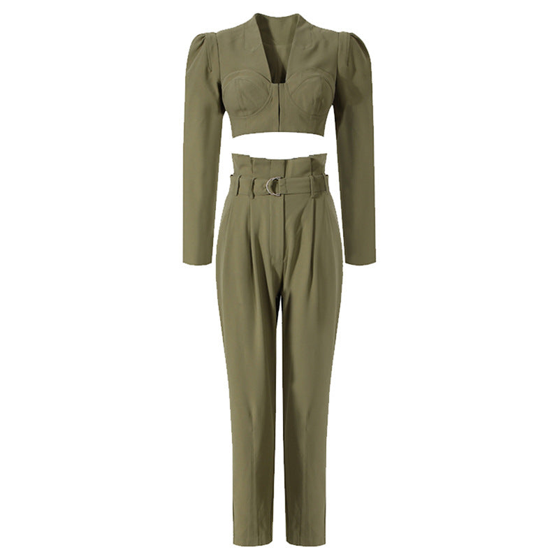 op maat gemaakte flare-pak met satijnen pofmouwen – VALENCIA 