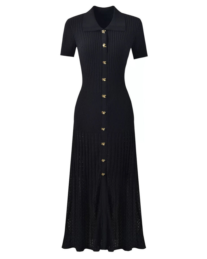 فستان ماكسي محبوك مضلع مع تفاصيل أزرار ذهبية - كيلينيت