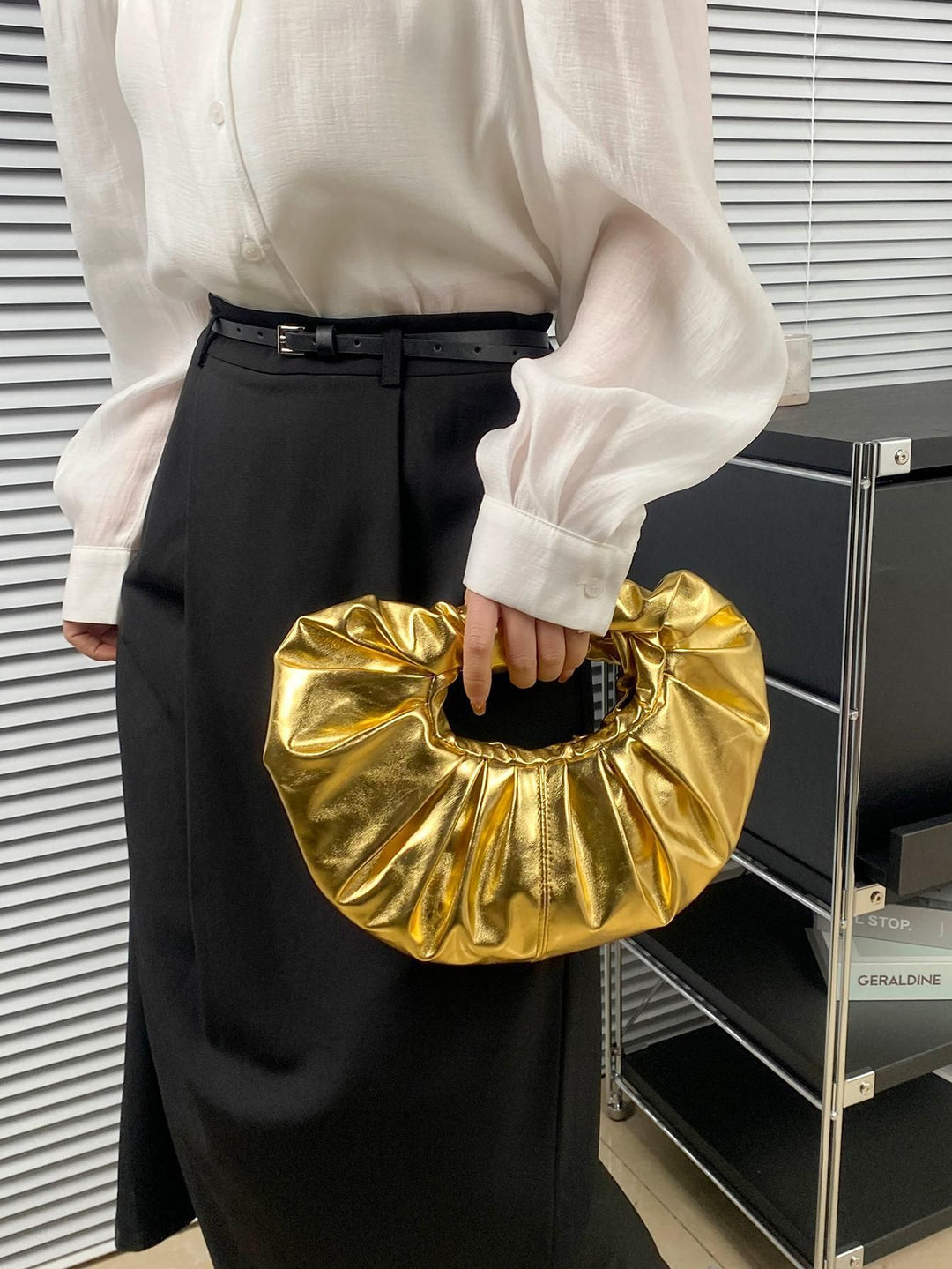 metallic ruched handle bag with circular silhouette – NOVANVI