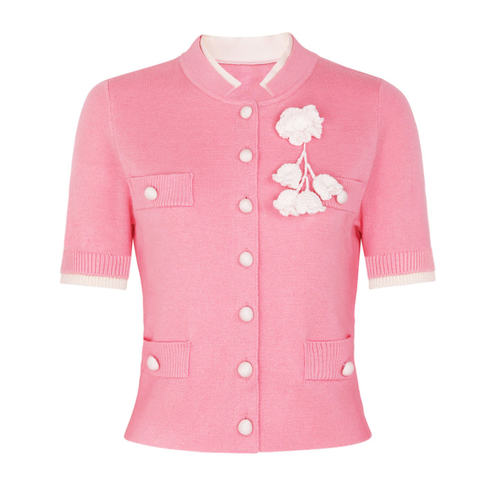 short-sleeve knit jacket with floral applique – DAHLIA