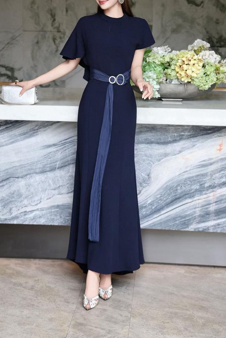 elegant flutter-sleeve maxi dress with draped belt – DARIA