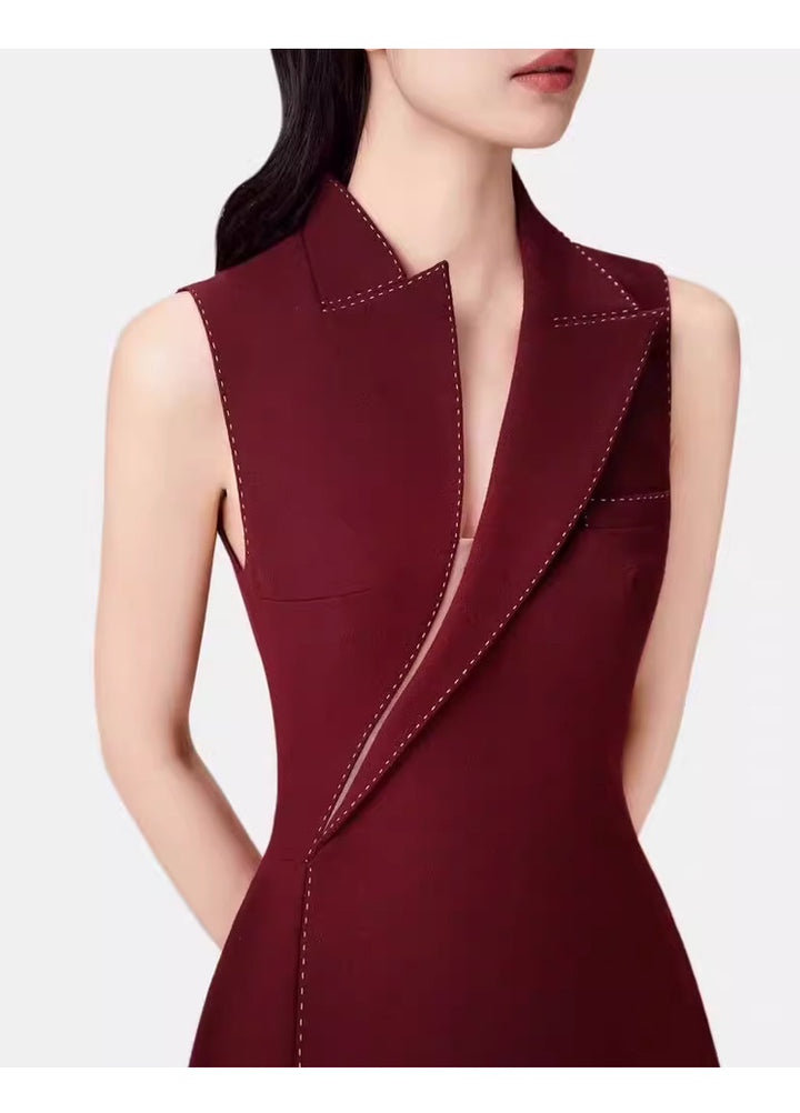Sleeveless tailored lapel midi dress with contrast stitching – IVERA