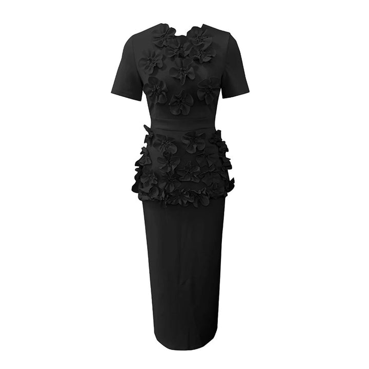 short-sleeve peplum suit with 3D floral appliqués – BLOOMIV