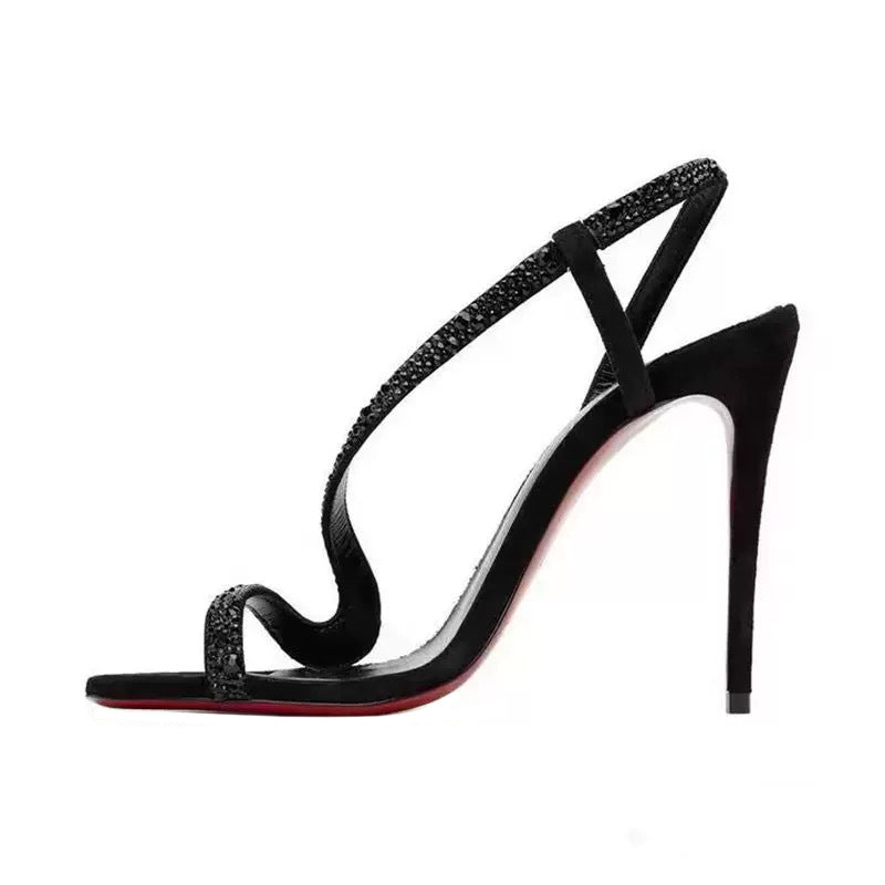 asymmetric rhinestone strap stiletto sandals – SELENEVRI