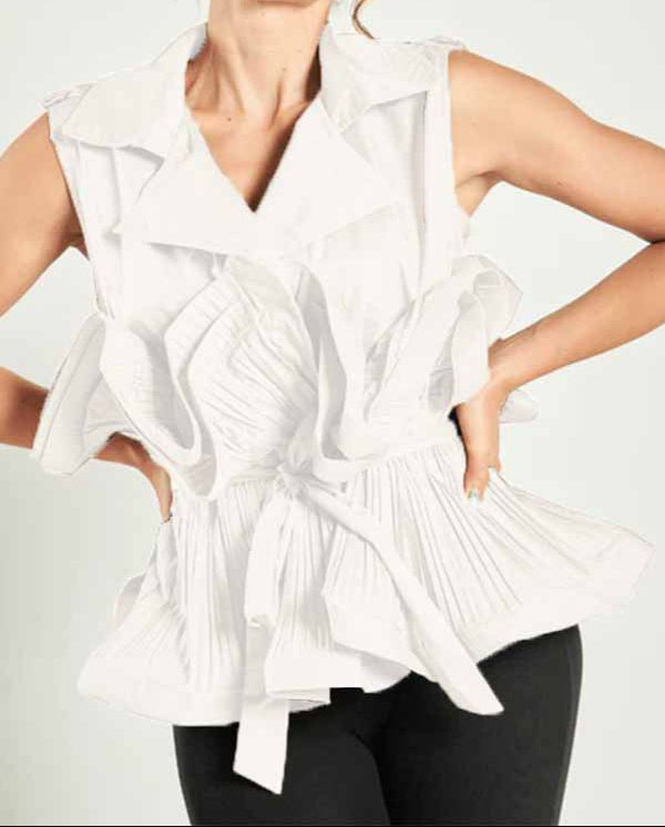 Sleeveless Pleated Ruffle Waistcoat with Tie Belt – AURELIA