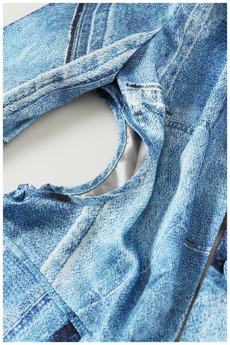 Denim blazer dress with tailored patchwork panels – AZURA