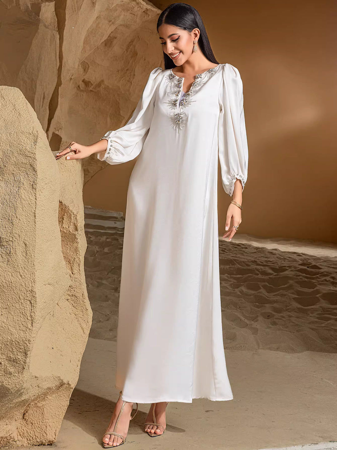 Elegant Long Sleeve Maxi Dress with Waist Fit – ELARA