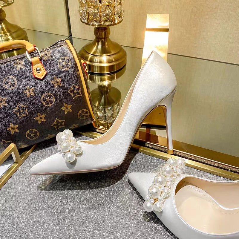 satin pointed-toe heels with crystal leaf embellishment – SERENATA