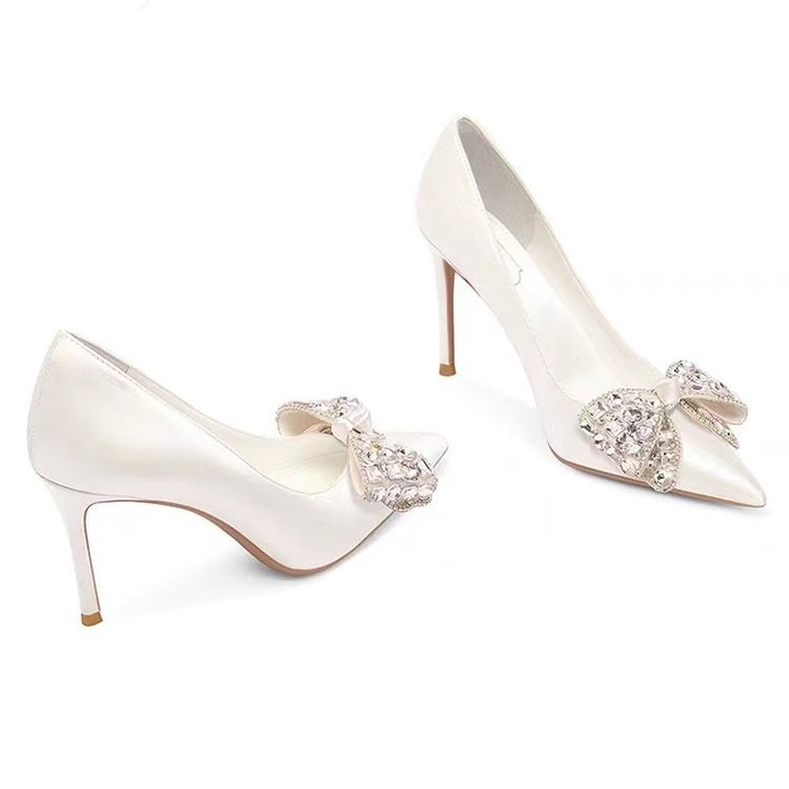 satin pointed-toe heels with crystal bow embellishment – AURELIVIA