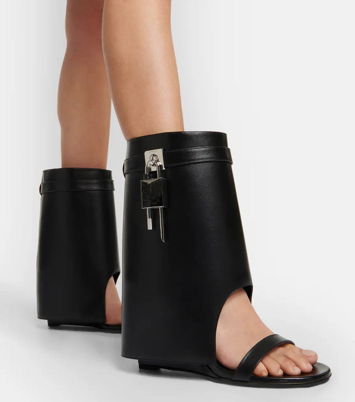 open-toe leather wedge boots with padlock detail – LUXE VAULT