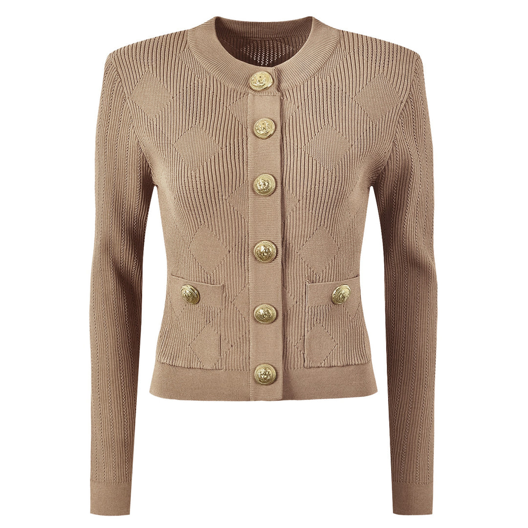 three-piece knit set with gold button detailing – ATHENAZI