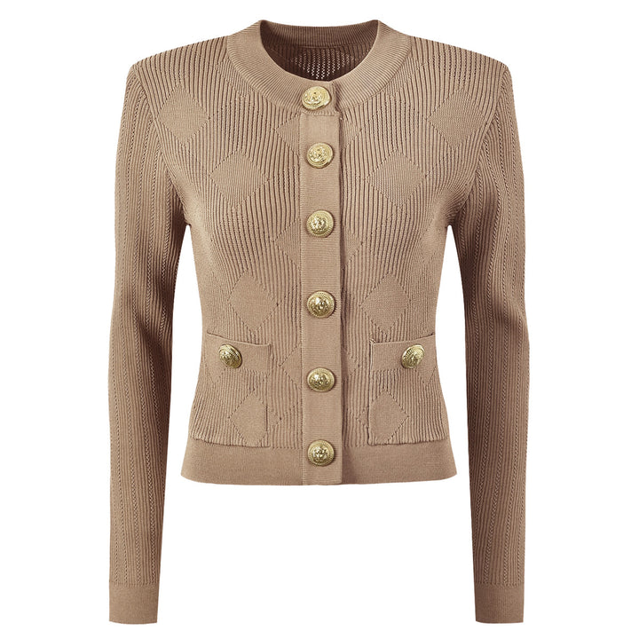 three-piece knit set with gold button detailing – ATHENAZI