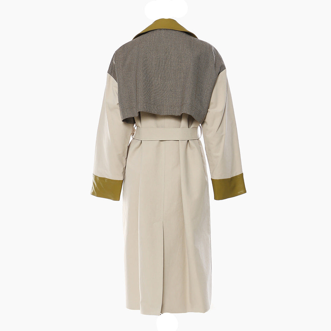 معطف ترنش بحزام مع طية صدر جلدية متباينة اللون – فيترا