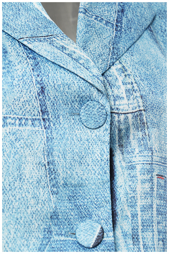 Denim blazer dress with tailored patchwork panels – AZURA