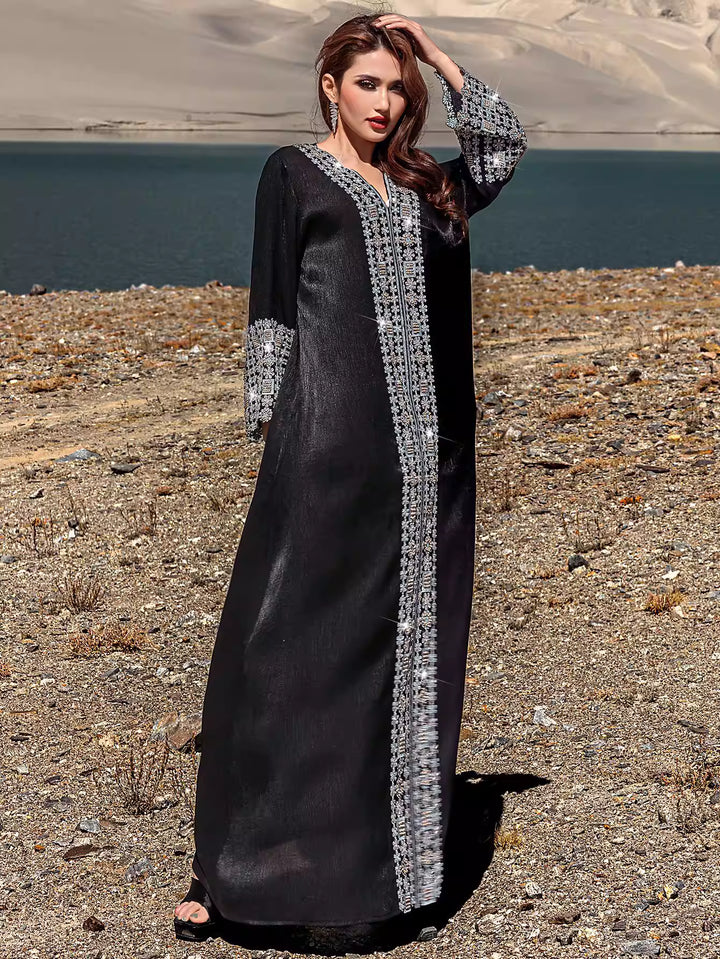 Embroidered Black Open Abaya with V-Neck Detail – SAFIYA