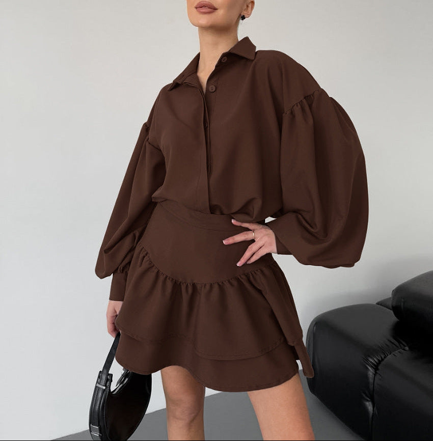 Puff-Sleeve Blouse with Ruffled Mini Skirt Set – COCOA