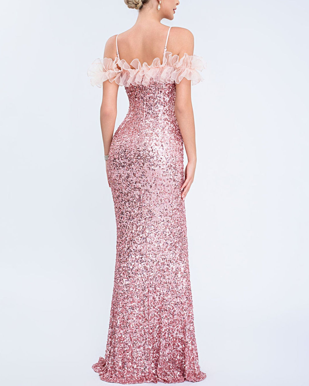 off-shoulder sequin gown with ruffled neckline – SERERAL