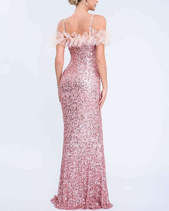 off-shoulder sequin gown with ruffled neckline – SERERAL