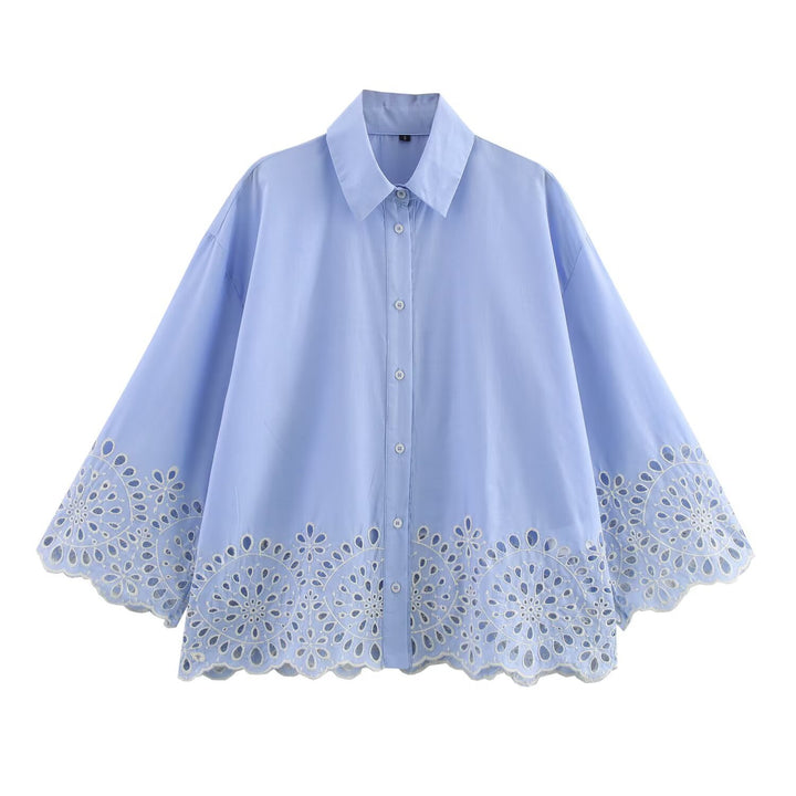 button-down blouse with embroidered hem – AZURA