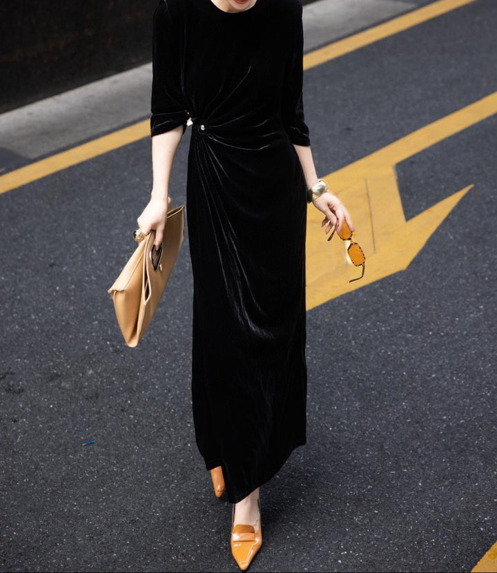 velvet draped column dress with side twist – MIDNIGHT
