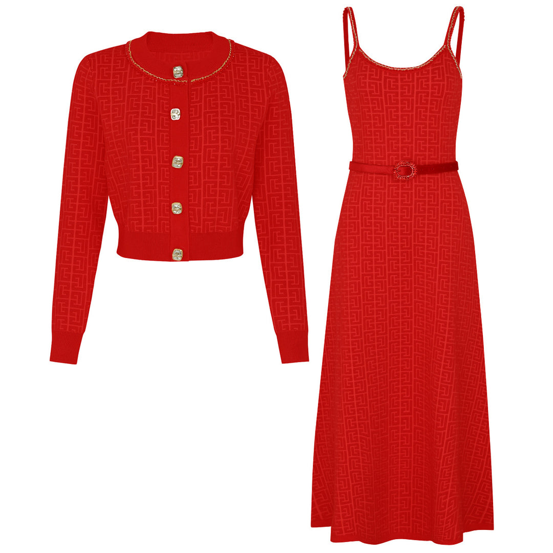 knitted two-piece dress set with logo pattern – CAMILA