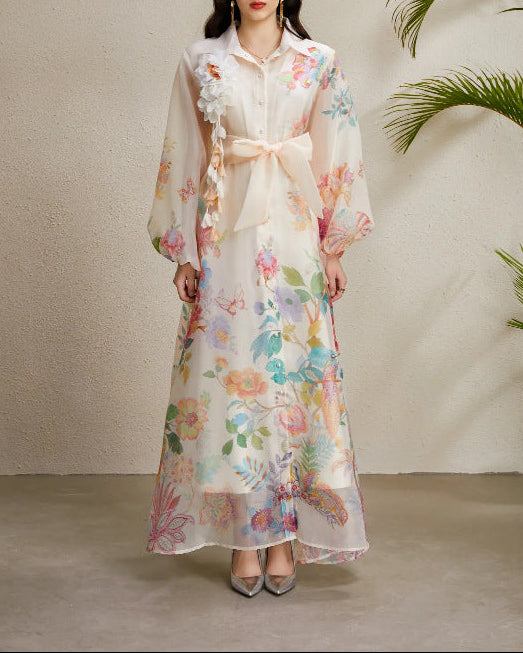 فستان ماكسي من الأورجانزا بنقوش زهور وتطريز ثلاثي الأبعاد - فيورا