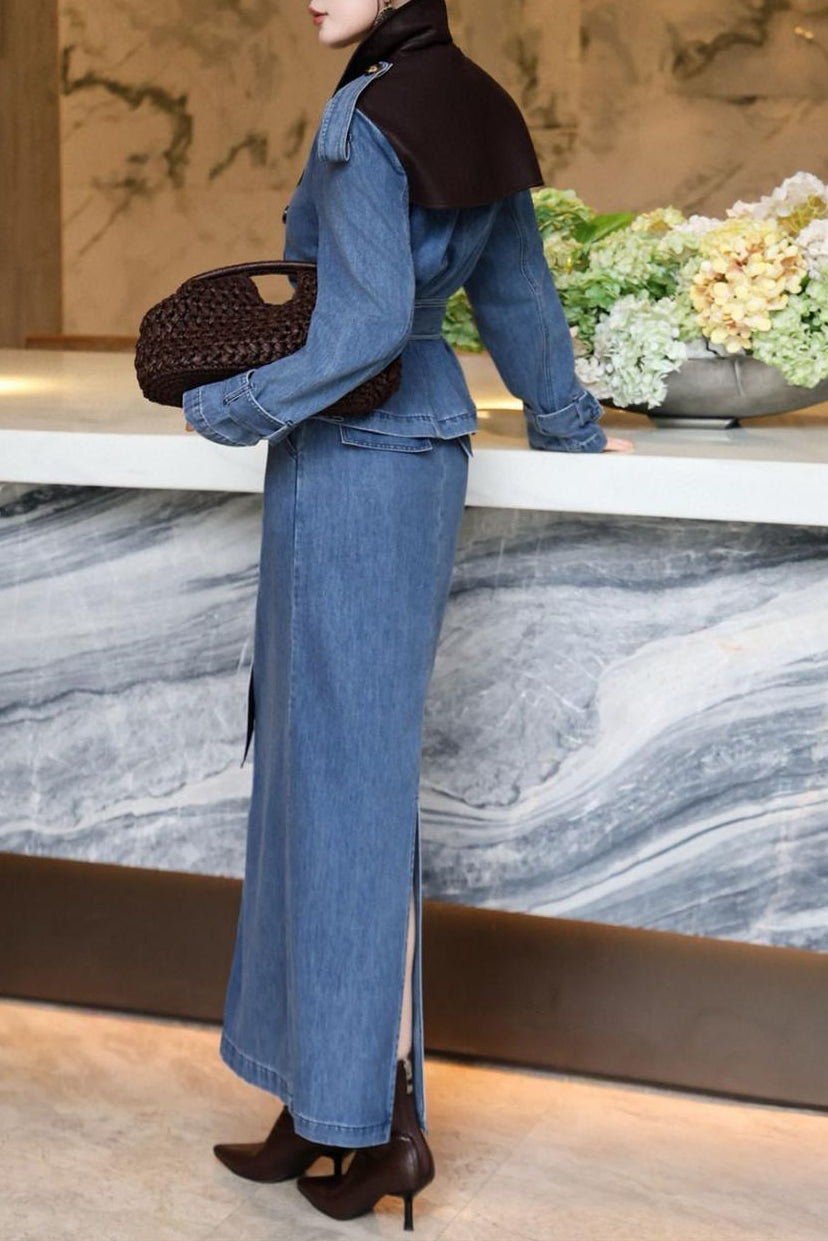 denim trench dress with contrast lapel & waist belt – RIVERA
