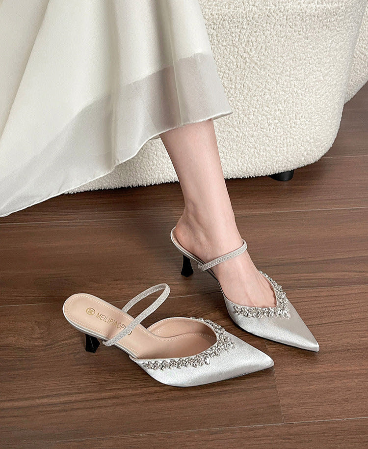Satin pointed-toe mule with crystal strap - VERANA