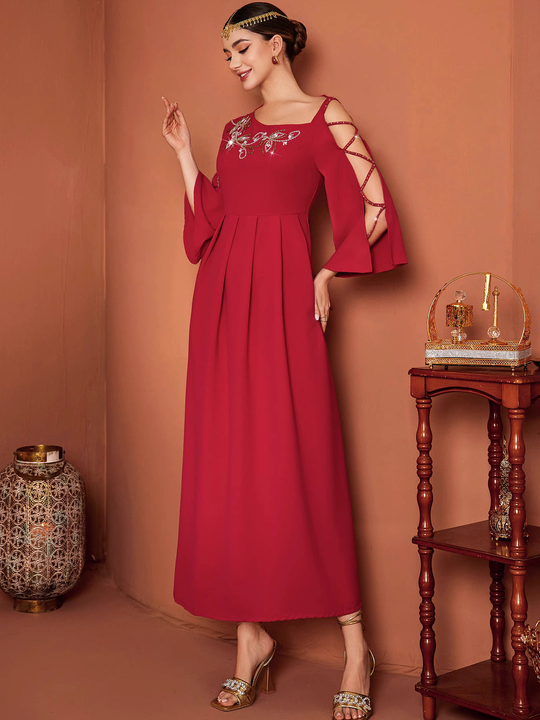 flare-sleeve A-line dress with embellished neckline - RUBINA
