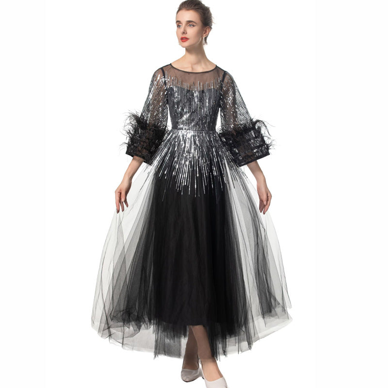 sequin tulle gown with feathered sleeves - CELESVE