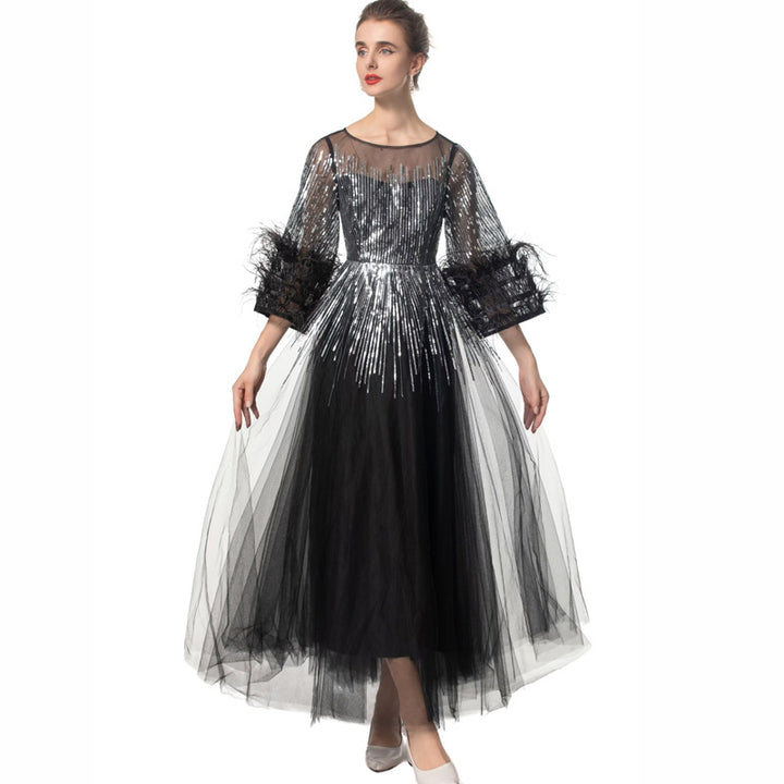 sequin tulle gown with feathered sleeves - CELESVE