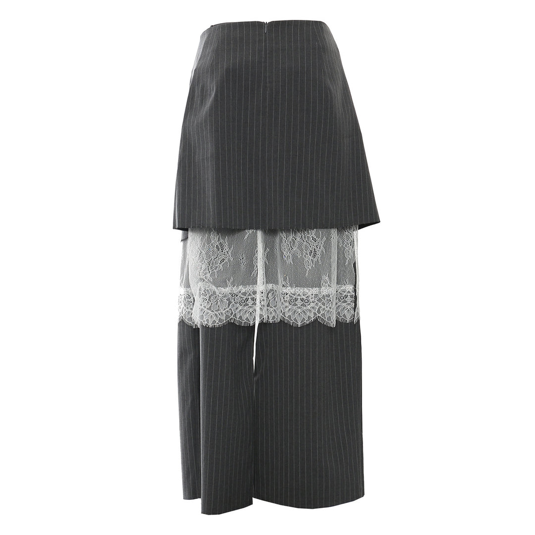 Layered pinstripe wide-leg trousers with lace detail – VELVET