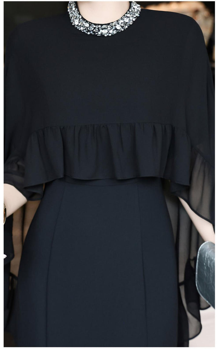 black cape-overlay gown with ruffled chiffon tier – ELIORA