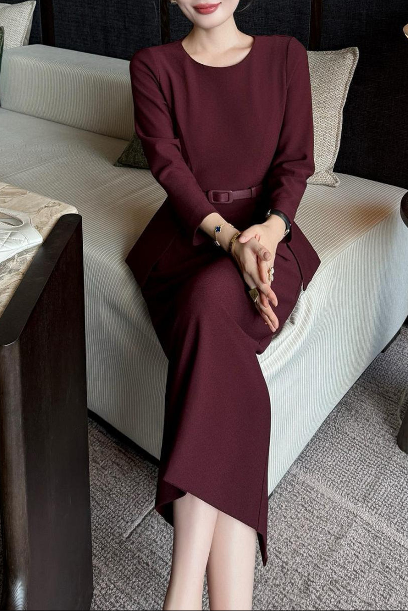 peplum midi dress with belted waist – MAROON