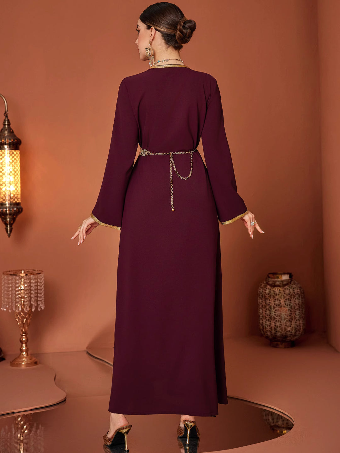 long sleeve kaftan dress with gold embroidered belt - AMAROKA