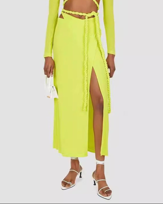 long-sleeve wrap crop top & slit midi skirt set with rope belt – ZYRADY