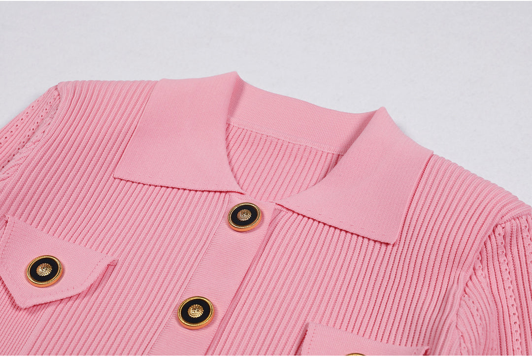 ribbed knit skirt set with gold button detail - AURELIAMI