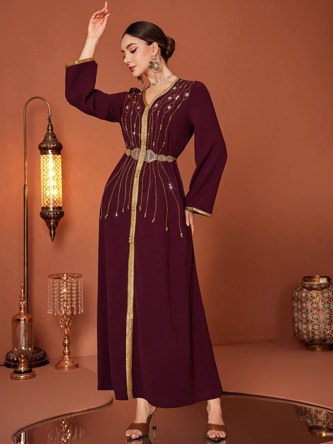 long sleeve kaftan dress with gold embroidered belt - AMAROKA